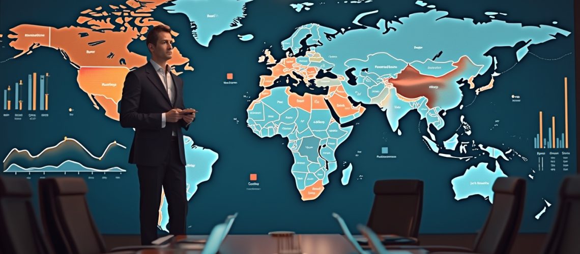 Man presenting in a conference room with a world map and data charts on a large screen.