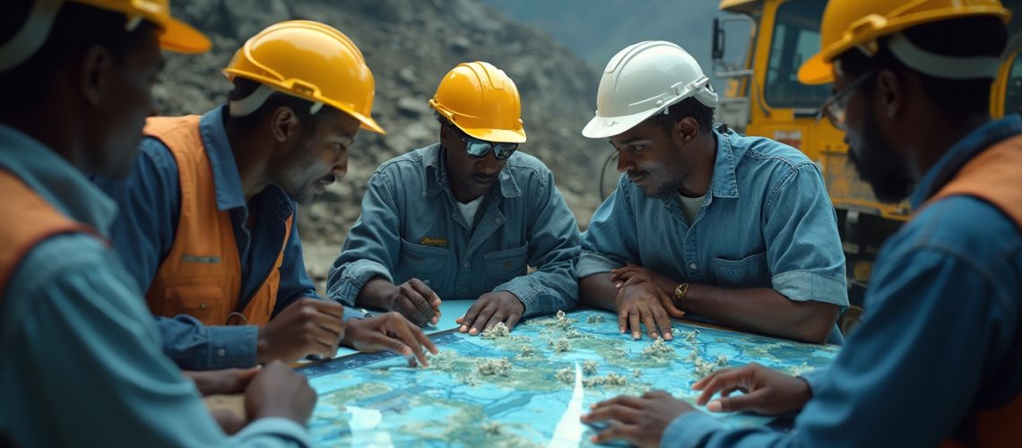 Five engineers in hard hats discuss a detailed map at a construction site.