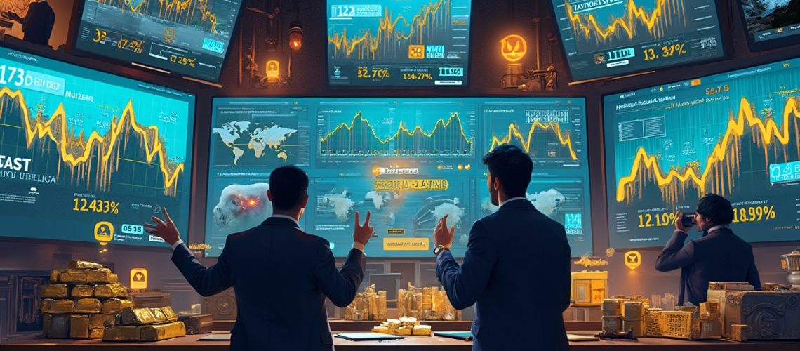 Men analyzing stock charts on large screens in a high-tech room with gold bars and data displays.