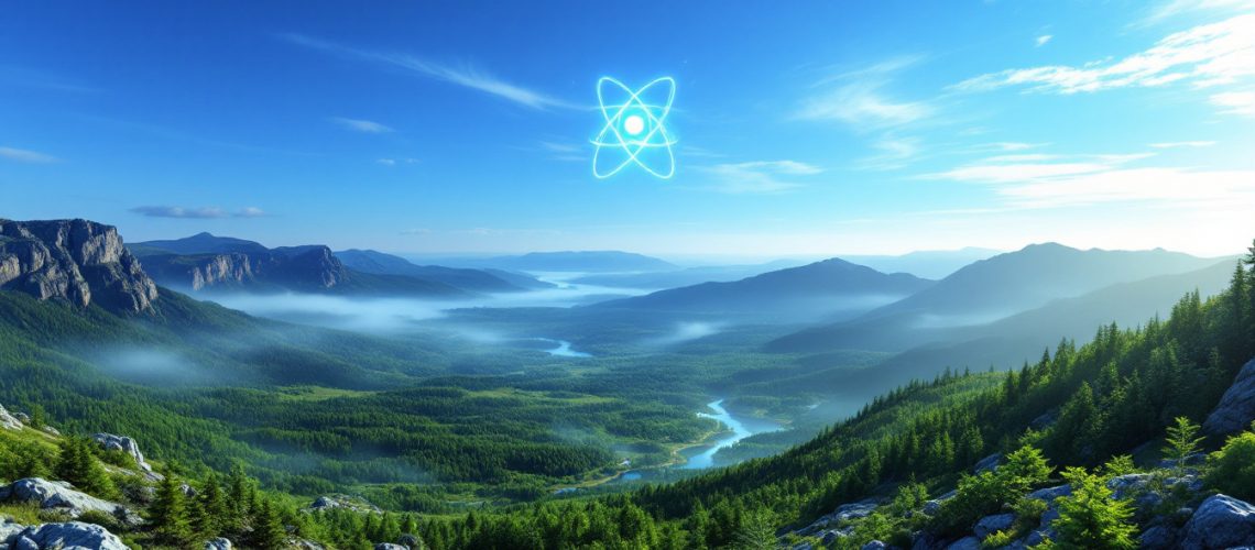 DA Ltd-DAL-Majestic mountain valley under a bright blue sky, with a glowing atom symbol in the sky above.