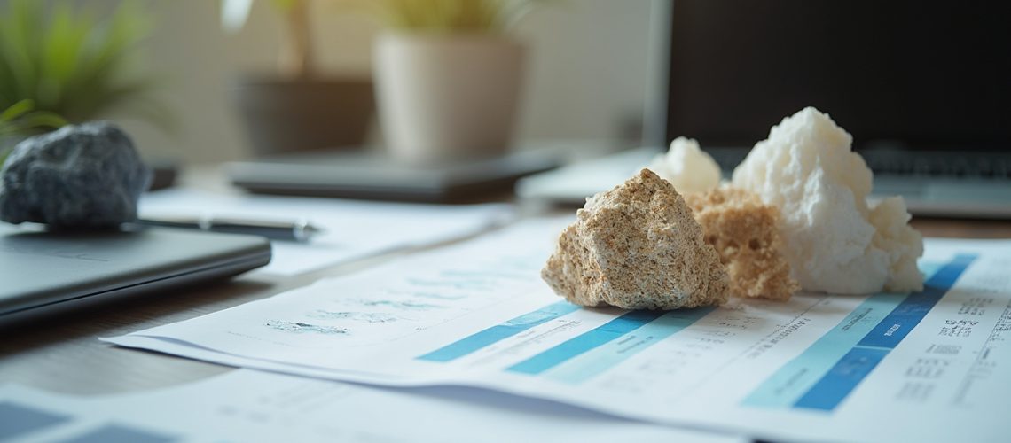 Close-up of rocks on documents with blurry office background.