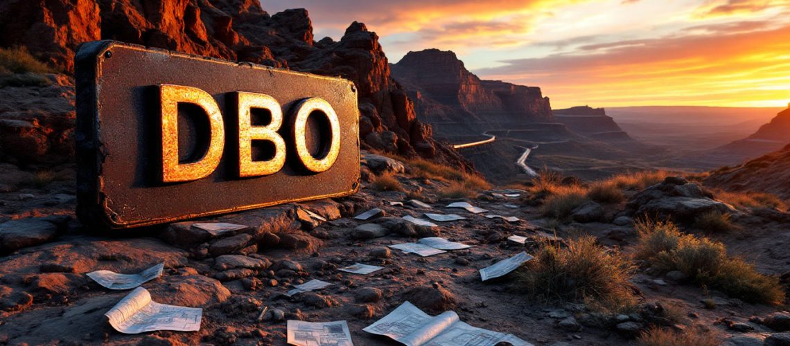 Diablo Resources Ltd-DBO-"DBO" sign in a rocky desert landscape at sunset, with scattered papers on the ground.