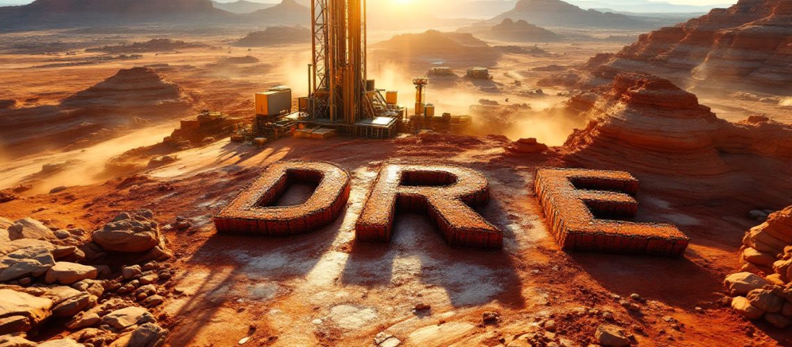 Dreadnought Resources Ltd-DRE-Desert landscape with large letters "DRE" formed in the sand, under a setting sun.