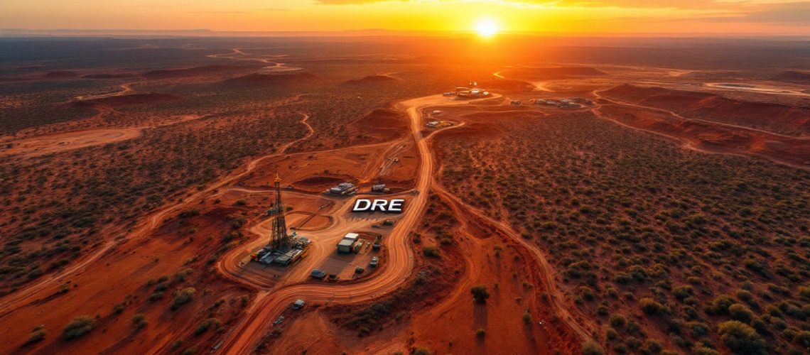 Dreadnought Resources Ltd-DRE-Aerial view of a desert oil drilling site at sunset, with vibrant orange and red terrain.