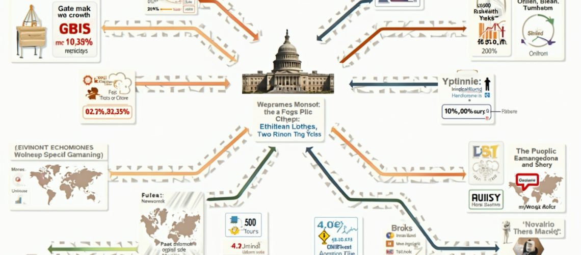 Infographic with arrows, charts, and text around a central building, possibly representing government data.