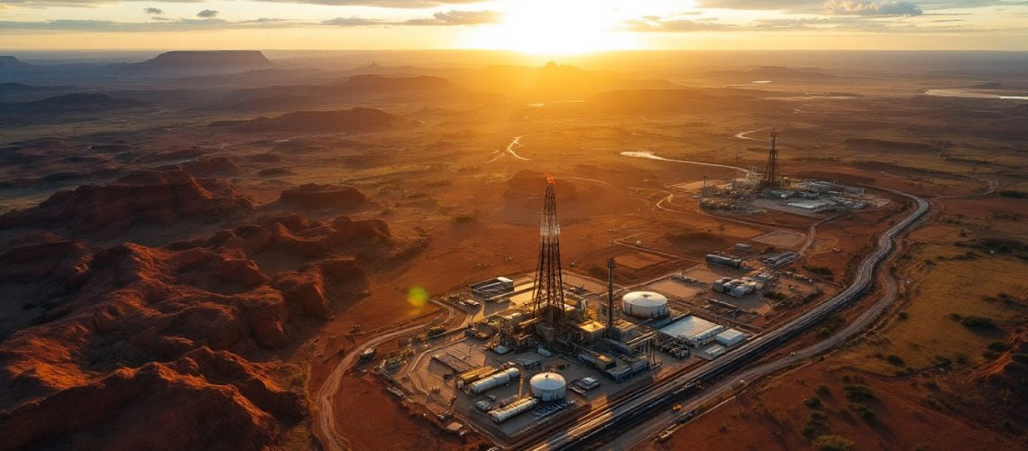 John's Group Limited-JHN-Aerial view of an industrial site in a desert landscape at sunset.