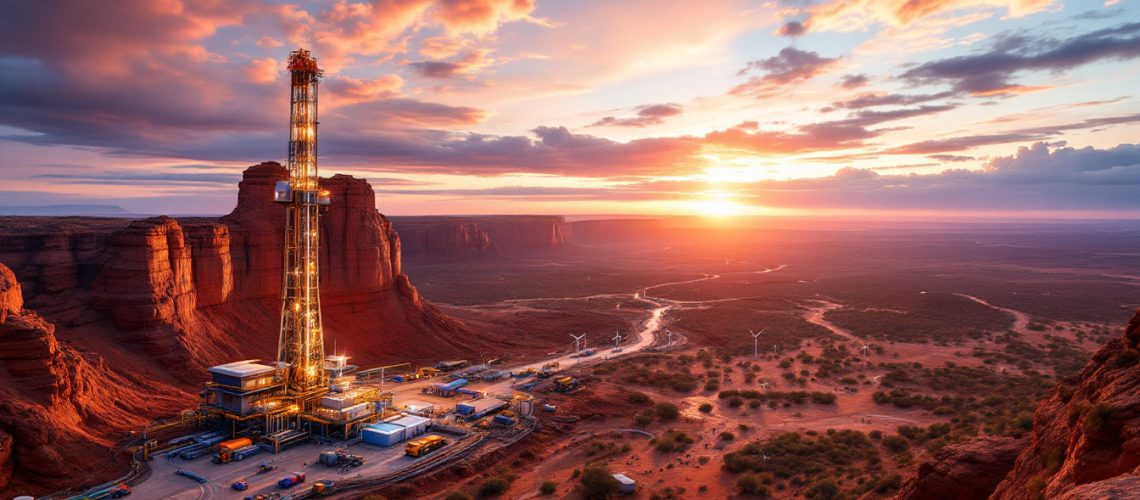 John's Group Limited-JHN-Sunset over desert landscape with a tall industrial structure and scattered wind turbines.