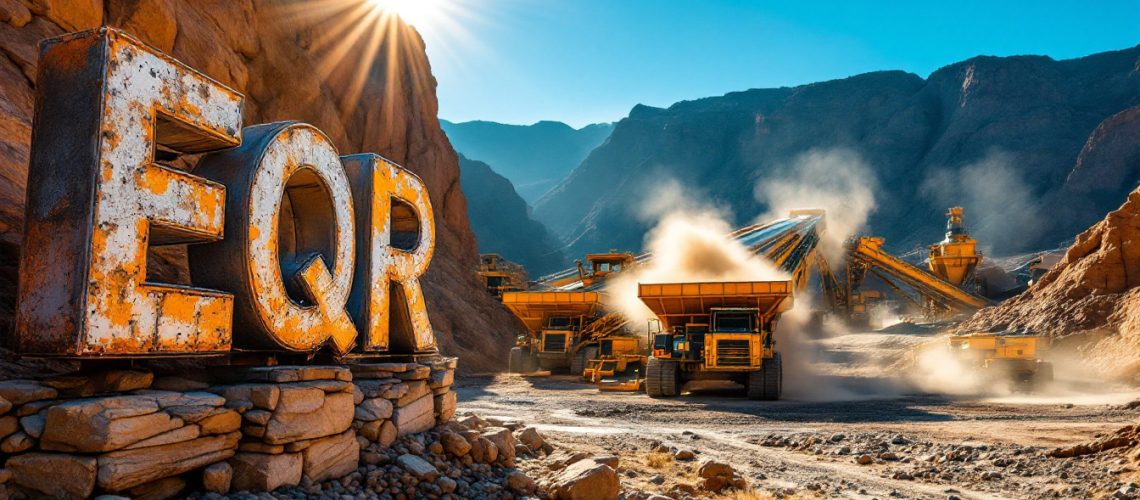 EQ Resources Ltd-EQR-Sunlit industrial quarry with large equipment and "EQR" letters on rocks in a dusty, mountainous terrain.