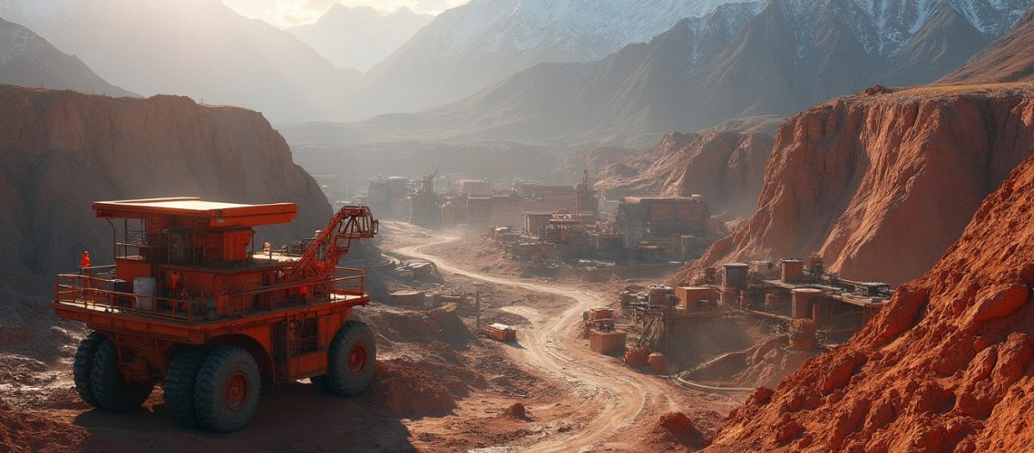 Copper district with mining equipment and mountains.