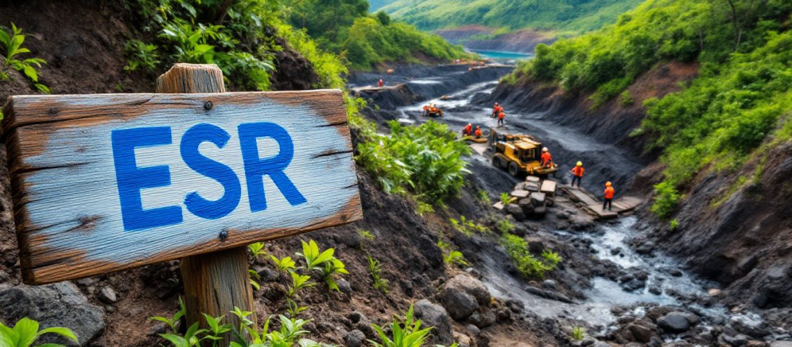 Estrella Resources Ltd-ESR-Wooden sign reading "ESR" near workers and machinery in a lush, rugged landscape.