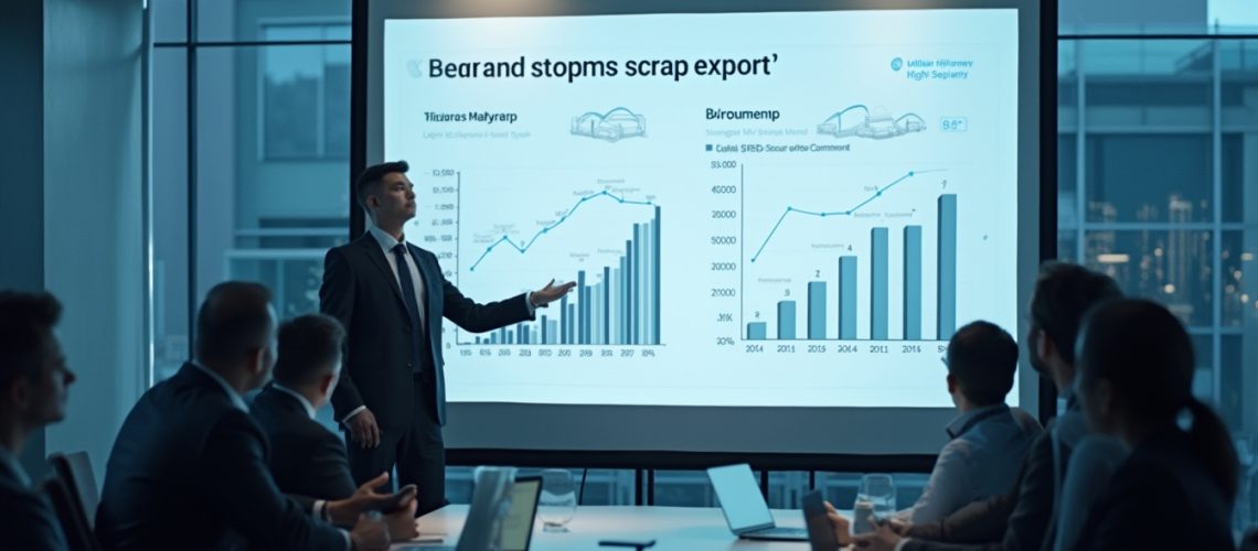 Business presentation showing graphs on a screen to a team in a conference room.