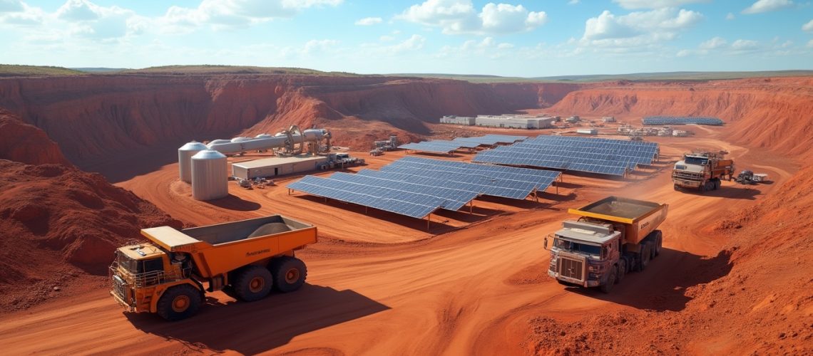 Solar panels and trucks in a large open-pit mining site with red soil under a partly cloudy sky.