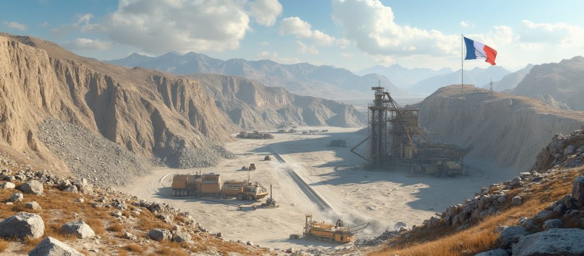 Quarry with machinery, a French flag, and mountains under a cloudy blue sky.