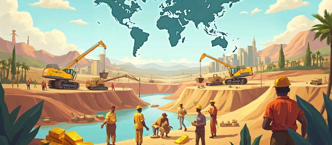 Construction site with excavators, workers, gold bars, and a world map overlay.