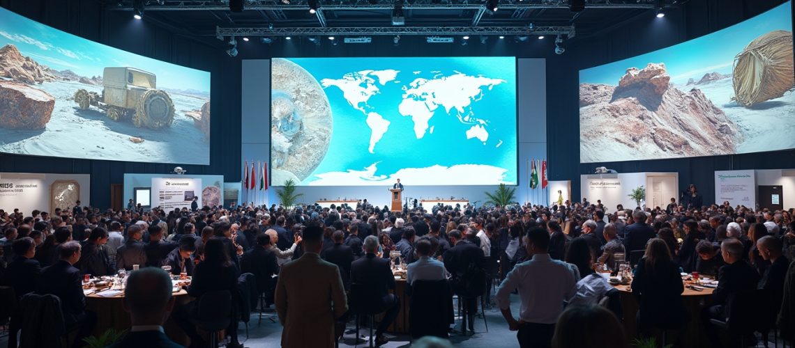 Audience watches a speaker on stage with world map and landscape projections in the background.