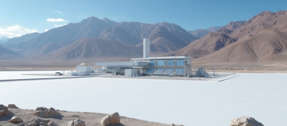 Modern industrial building with solar panels in a desert landscape, mountains in the background.