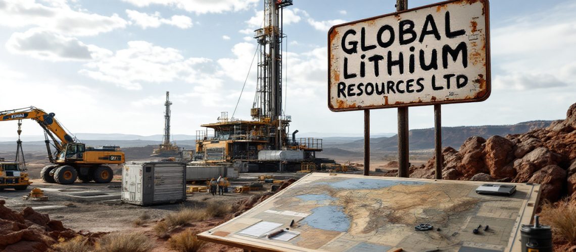 Global Lithium Resources Ltd-GL1-Lithium mining site with equipment and a Global Lithium Resources Ltd sign in a desert landscape.