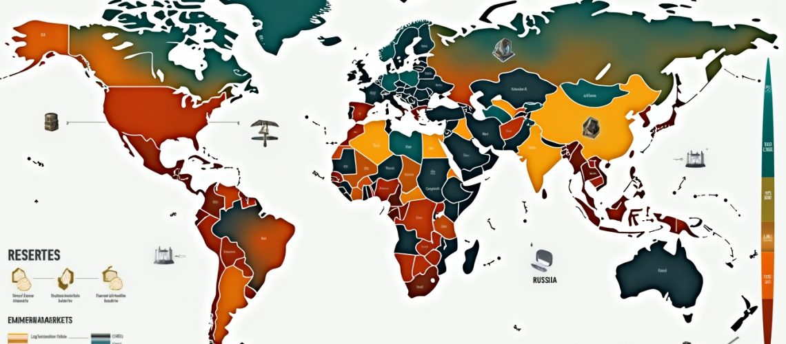 Colorful world map infographic highlighting resources and industries by region.