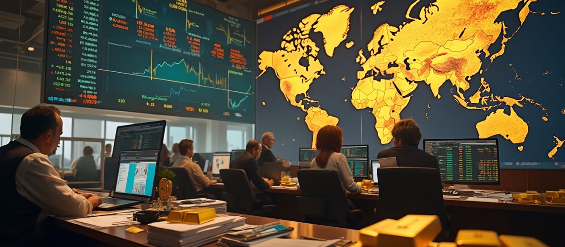 People working in a modern financial office with large screens showing data and a world map.