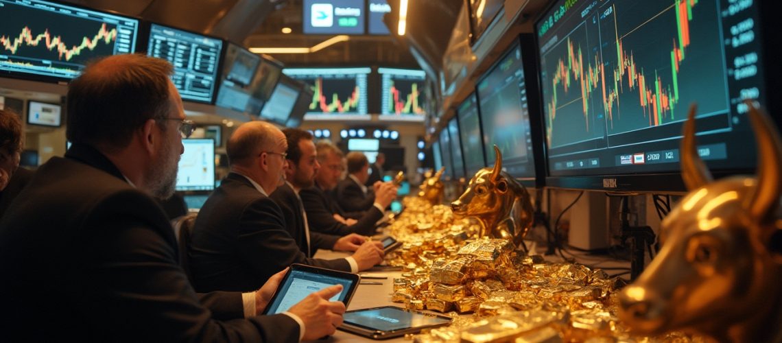 Stock traders at desks with gold bull statues, watching market data on multiple screens.