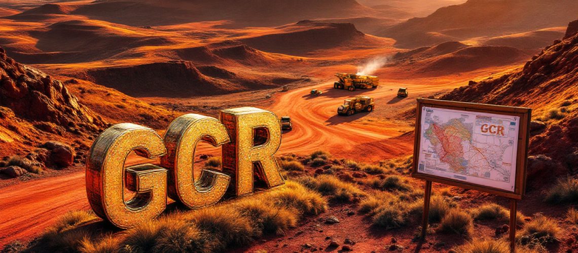 Golden Cross Resources Ltd-GCR-Giant gold letters "GCR" in a rocky, red desert with trucks and a map billboard.