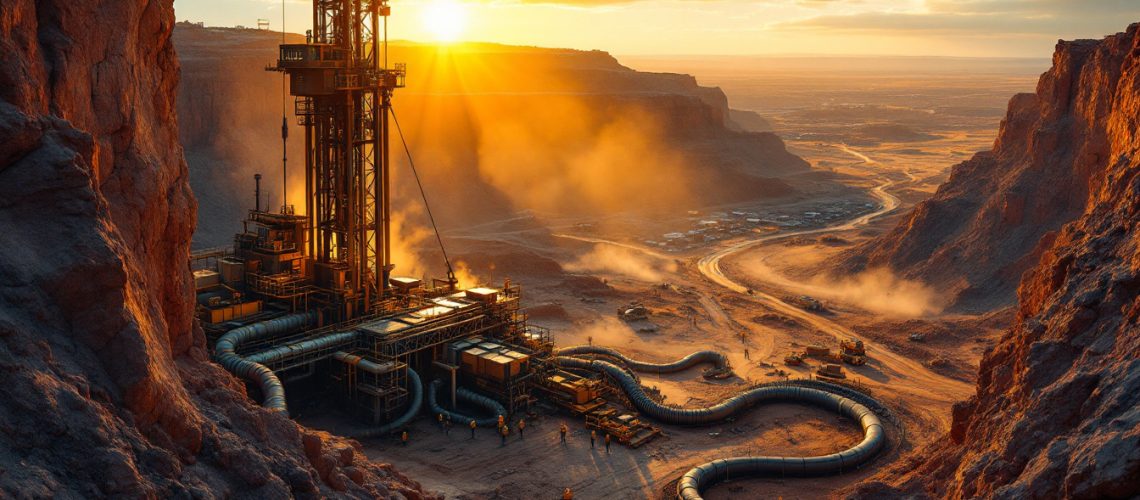 Golden Horse Mineral Chess Depositary Interests 1:1-GHM-Sunset over a desert drilling rig surrounded by rugged terrain and dust clouds.