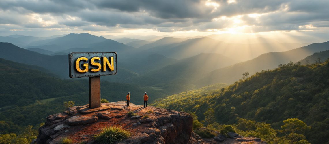 Great Southern Mining Ltd-GSN-Two people stand near a "GSN" sign on a rocky peak, overlooking a sunlit mountain landscape.