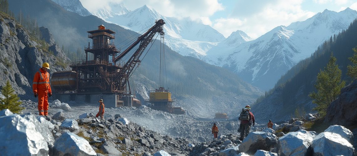 Workers in orange gear walk near a large mining machine in a mountainous landscape.