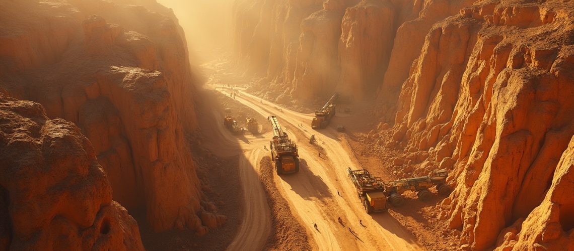 Desert canyon with large vehicles and people under a golden sunset.