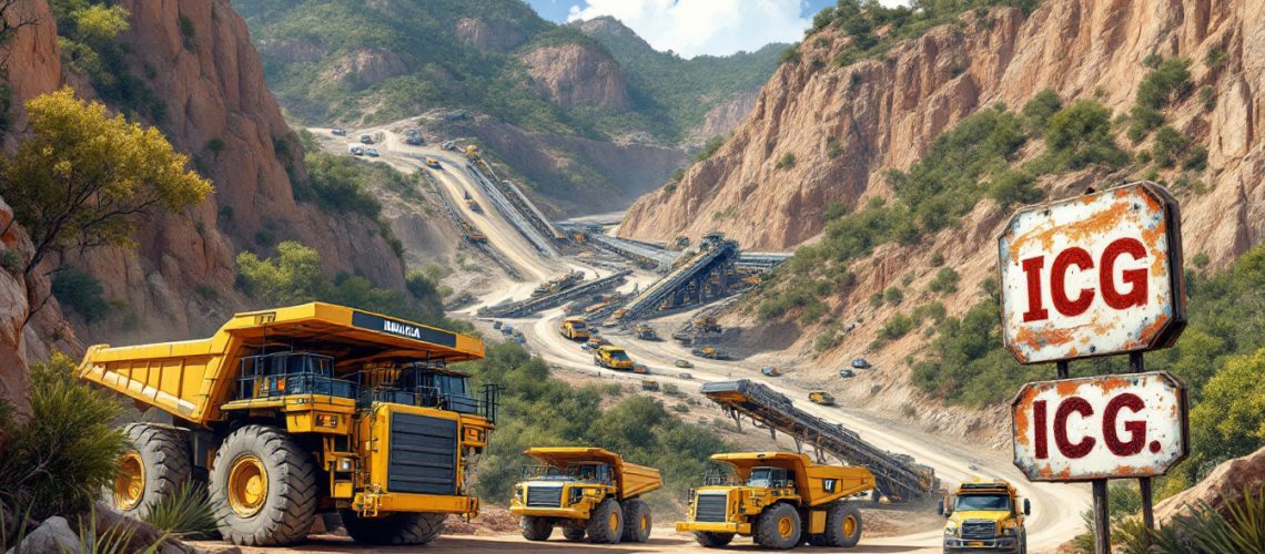 Inca Minerals Ltd-ICG-Massive trucks and machinery navigate through a rugged mountain quarry under a bright blue sky.