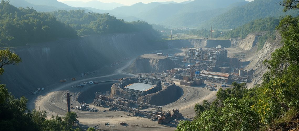 An expansive open-pit mine surrounded by lush green mountains under a cloudy sky.