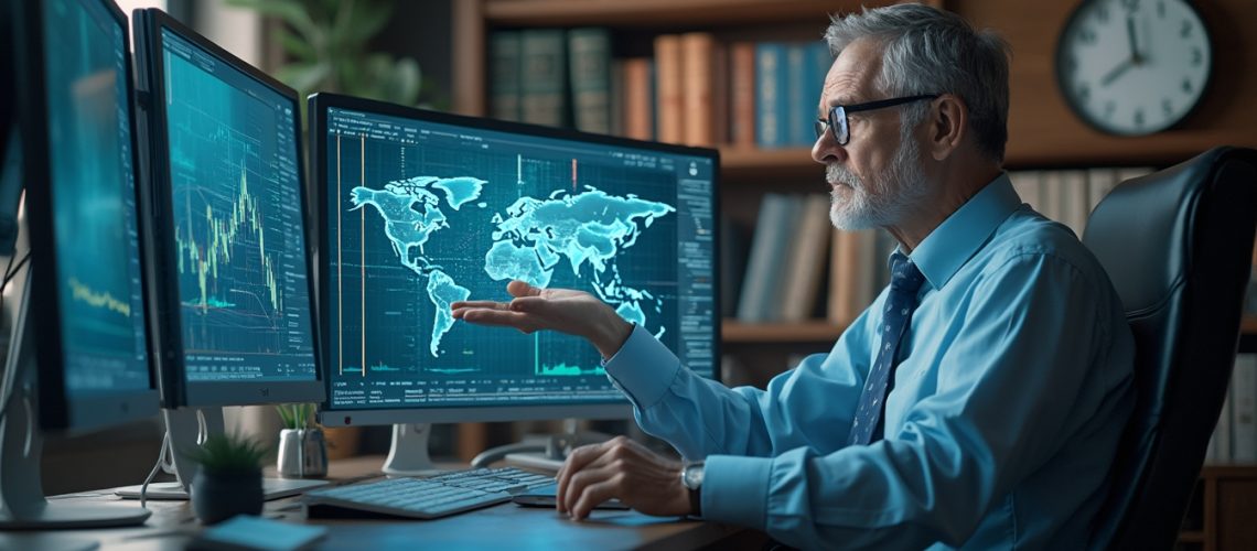 Man analyzing data on monitors displaying world maps and graphs in an office.