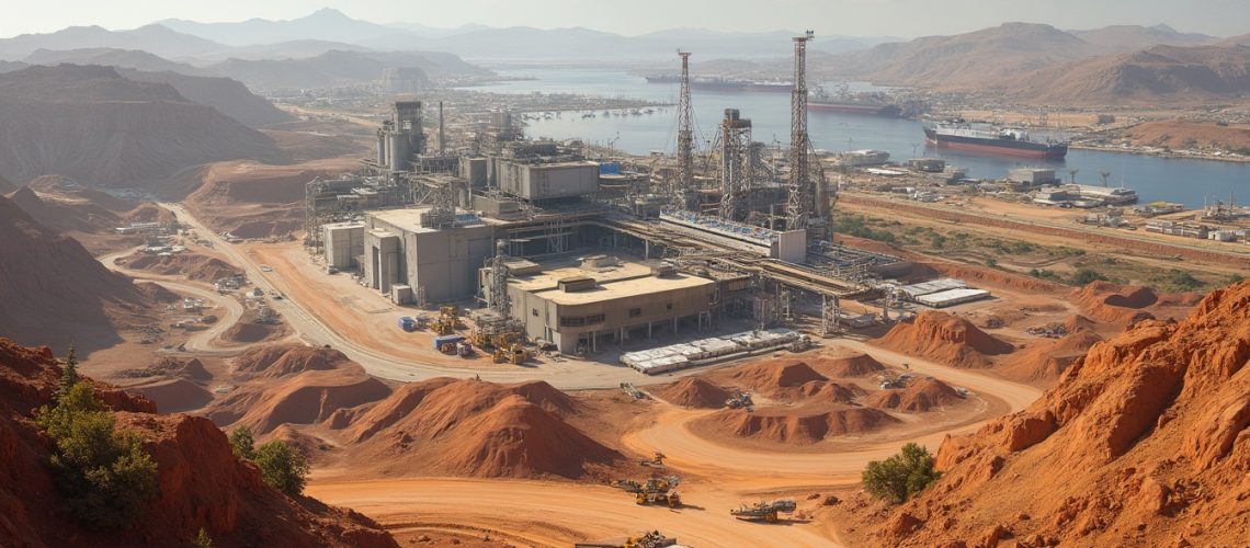 Industrial facility in a desert landscape with mountains and a waterway in the background.