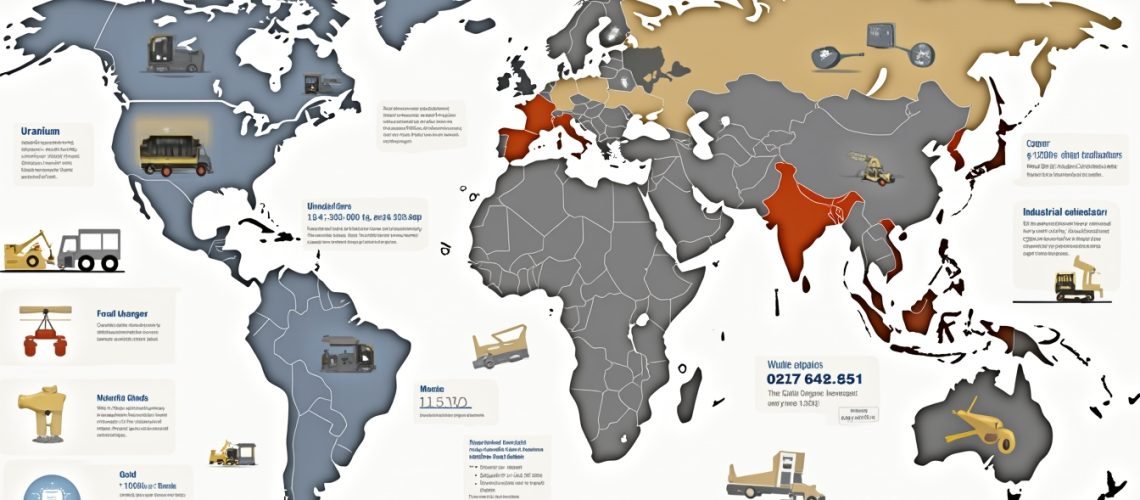 World map with icons depicting industries and resources like uranium, gold, and industrial equipment.