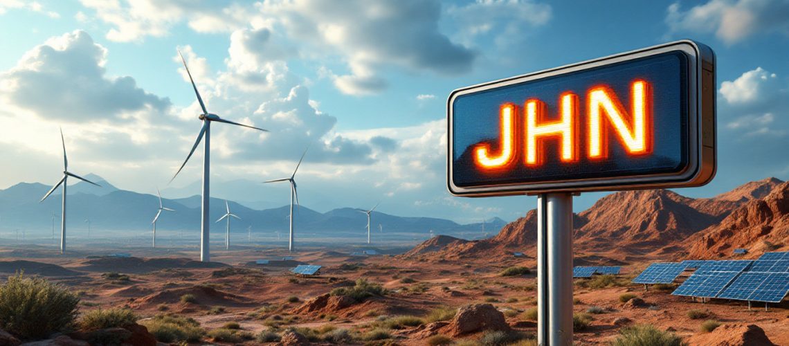 John's Group Limited-JHN-Desert landscape with wind turbines, solar panels, and a sign reading "JHN" in bold letters.