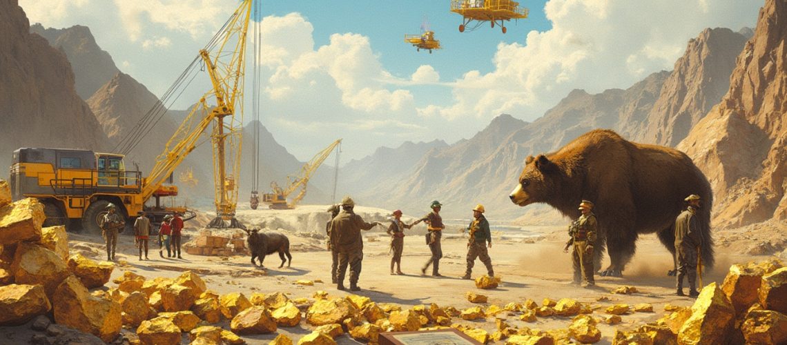 Mining scene with large bear, miners, gold nuggets, machinery, and distant rugged mountains.