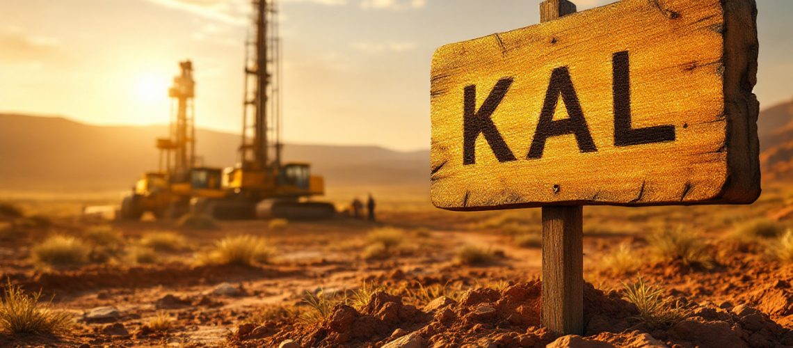 Kalgoorlie Gold Mining Ltd-KAL-Wooden "KAL" sign in sunlit desert with drilling rigs in the background.