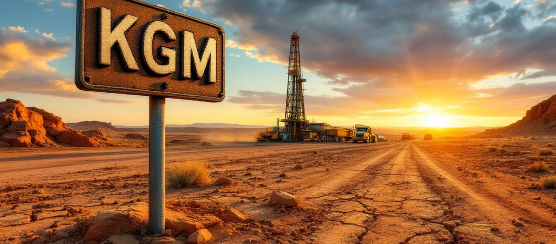 Kalgoorlie Gold Mining Ltd-KAL-Desert sunset with a sign reading "KGM" and a drilling rig in the background.