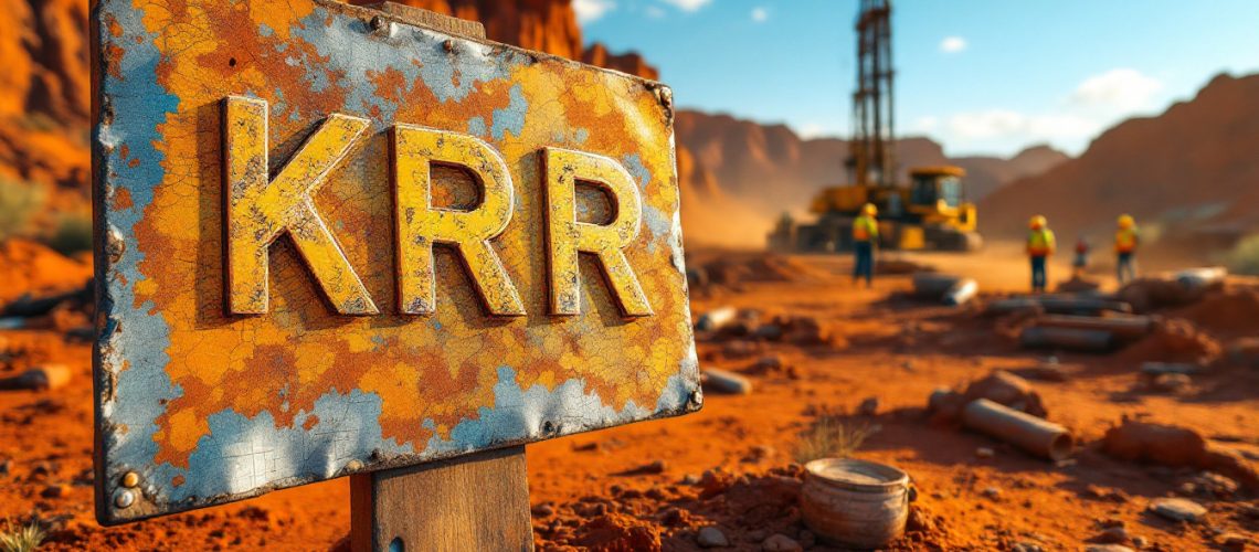 King River Resources Ltd-KRR-Rusty sign with "KRR" in an arid construction site, workers and equipment in the background.