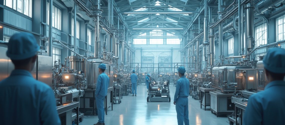 Workers in blue uniforms in a large industrial manufacturing facility with machinery.