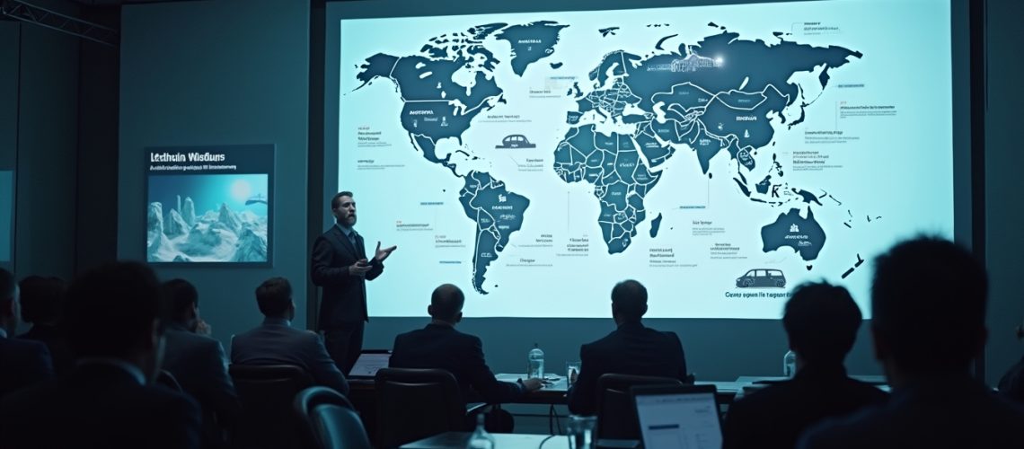 Man presenting a world map in a dimly lit conference room to an audience.