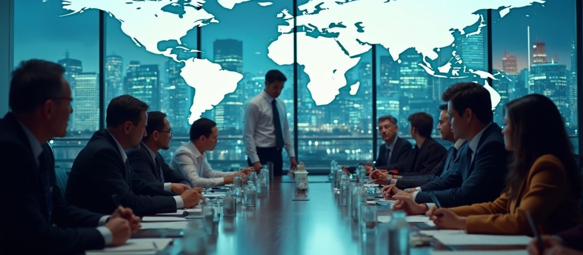 Business meeting in boardroom with a world map on the window and city skyline in the background.