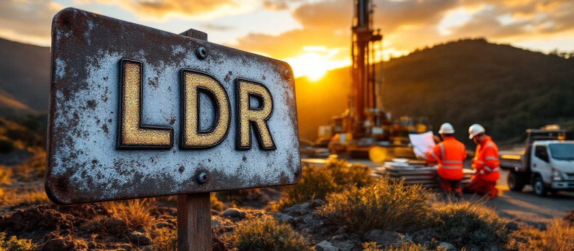 Lode Resources Ltd-LDR-Rustic sign with "LDR"; two workers in safety gear stand near drilling equipment at sunset.