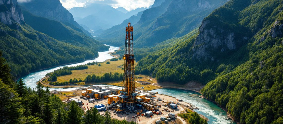 Lode Resources Ltd-LDR-Oil rig in a lush mountainous landscape next to a winding river under a partly cloudy sky.