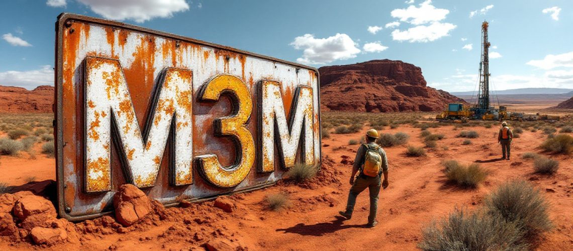 M3 Mining Ltd-M3M-Two people in a desert landscape walk towards a large rusty "M3M" sign and a drilling rig.