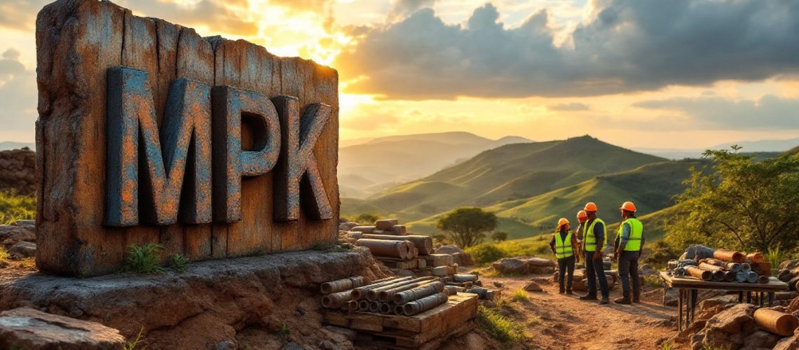 Many Peaks Minerals Ltd-MPK-Workers in safety gear stand near a large "MPK" sign, set against a scenic mountainous backdrop.