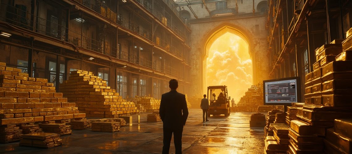 Warehouse with gold bars and forklift.