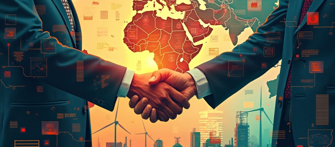 Two people in suits shake hands over a cityscape and a world map, symbolizing global business.