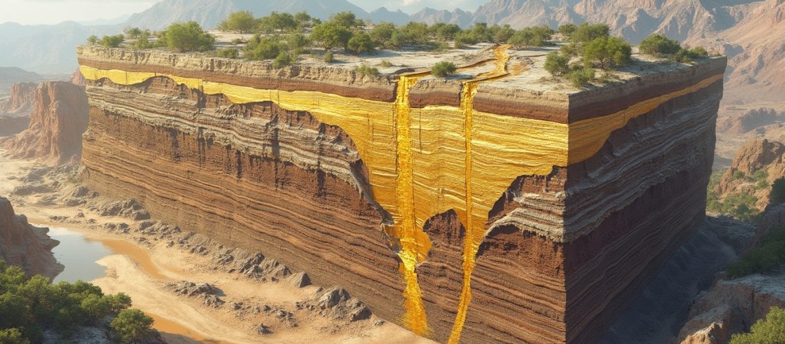 Massive cubic rock formation with golden veins, topped with greenery, set in a desert landscape.