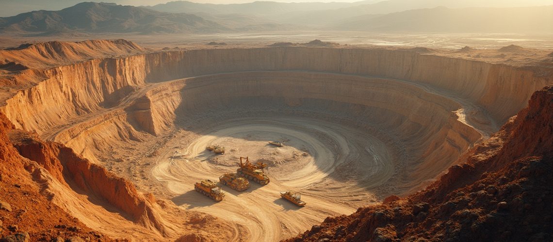 Open-pit mine with heavy machinery amidst vast desert landscape under cloudy sky.